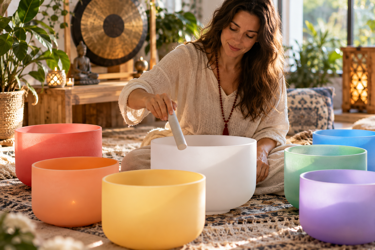 A woman playing different sizes crystal singing bowls